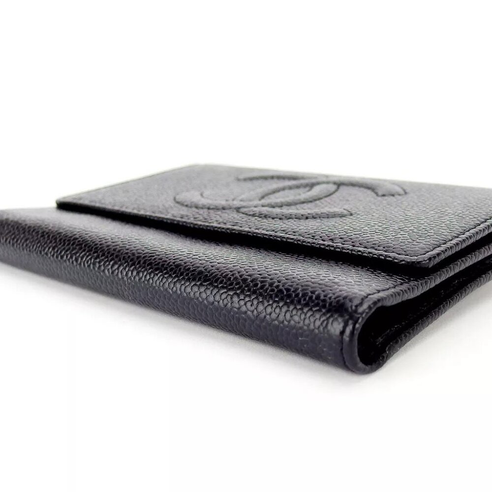 CHANEL tri-fold wallet here mark caviar skin Authentic used T16547